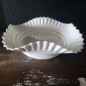 Vintage Square Milk Glass Bowl, Ruffled Bowl, Crimped Milk Glass